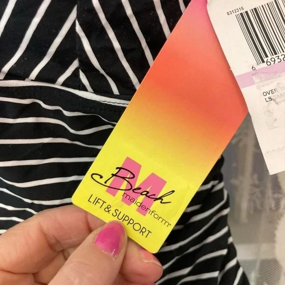 white & black striped tankini top w adjust straps Maidenform Beach approx 36D - Picture 4 of 6